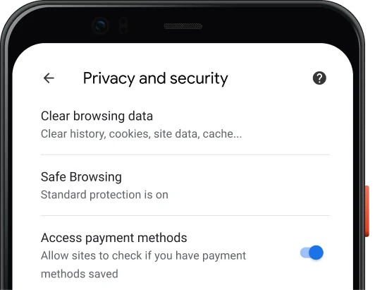 Chrome browser Privacy and Security settings page within a mobile device.