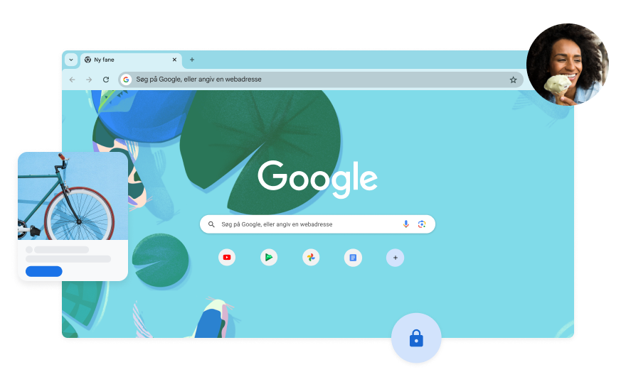 Baggrunden på Googles søgeside har en blå illustration af fisk i en havedam. Der er et billede af en kvinde i et af hjørnerne.