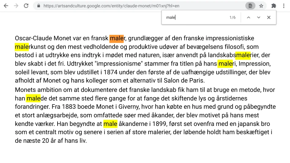 Chrome-browservindue med en åben webside, hvor funktionen Find anvendes.