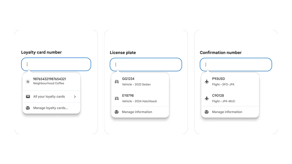 Autofill user experience for filling in loyalty cards, vehicle information and flight information.