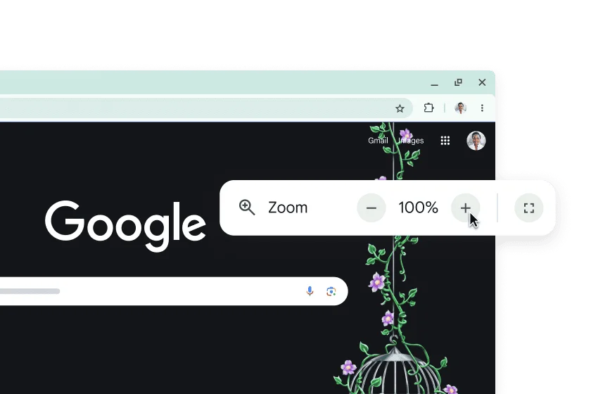 The Google homepage and a pop-up with Zoom set to 100%