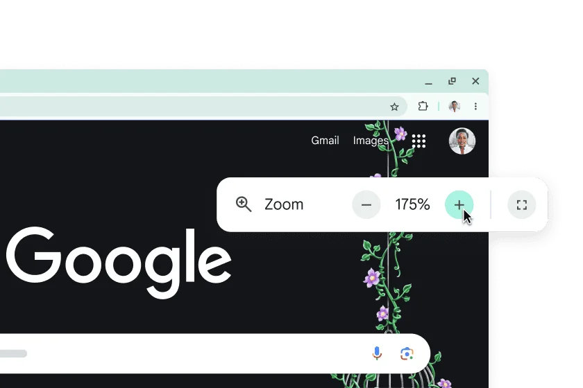 The Google homepage with enlarged elements and a pop-up with Zoom set to 175%