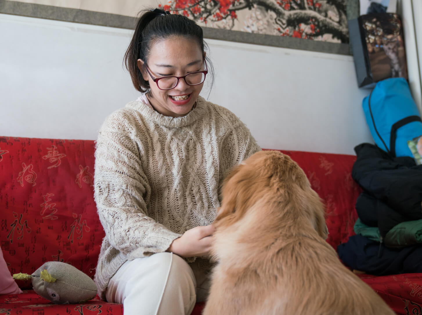 A woman is sitting on a sofa stroking an off-duty guide dog