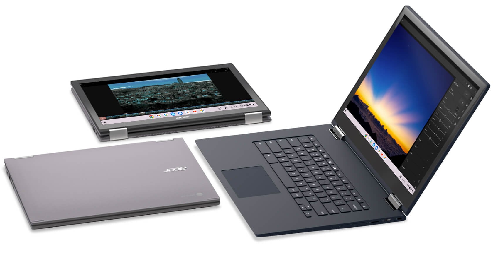 Overhead image highlighting the three different modes of a convertible Chromebook: closed, tablet and laptop.