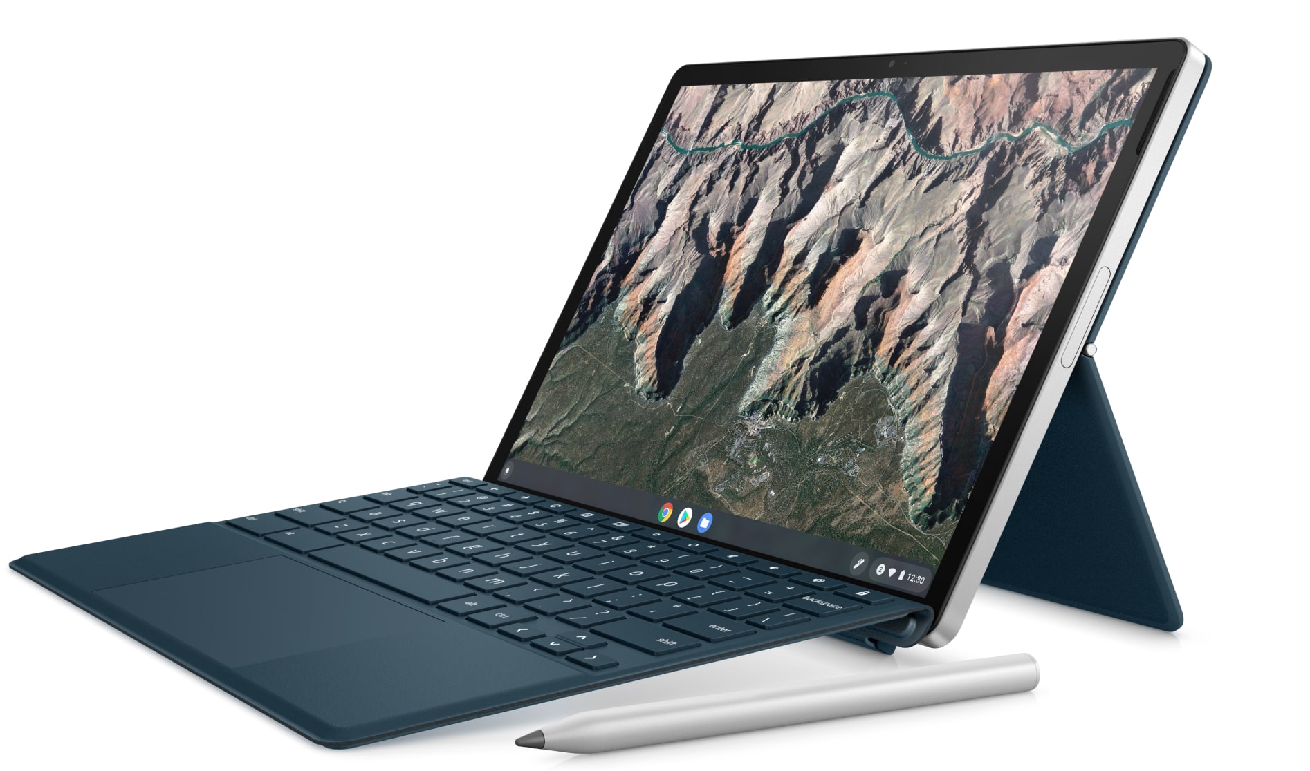 An HP Chromebook x2 is opened in laptop display with a wireless charging stylus on the left.