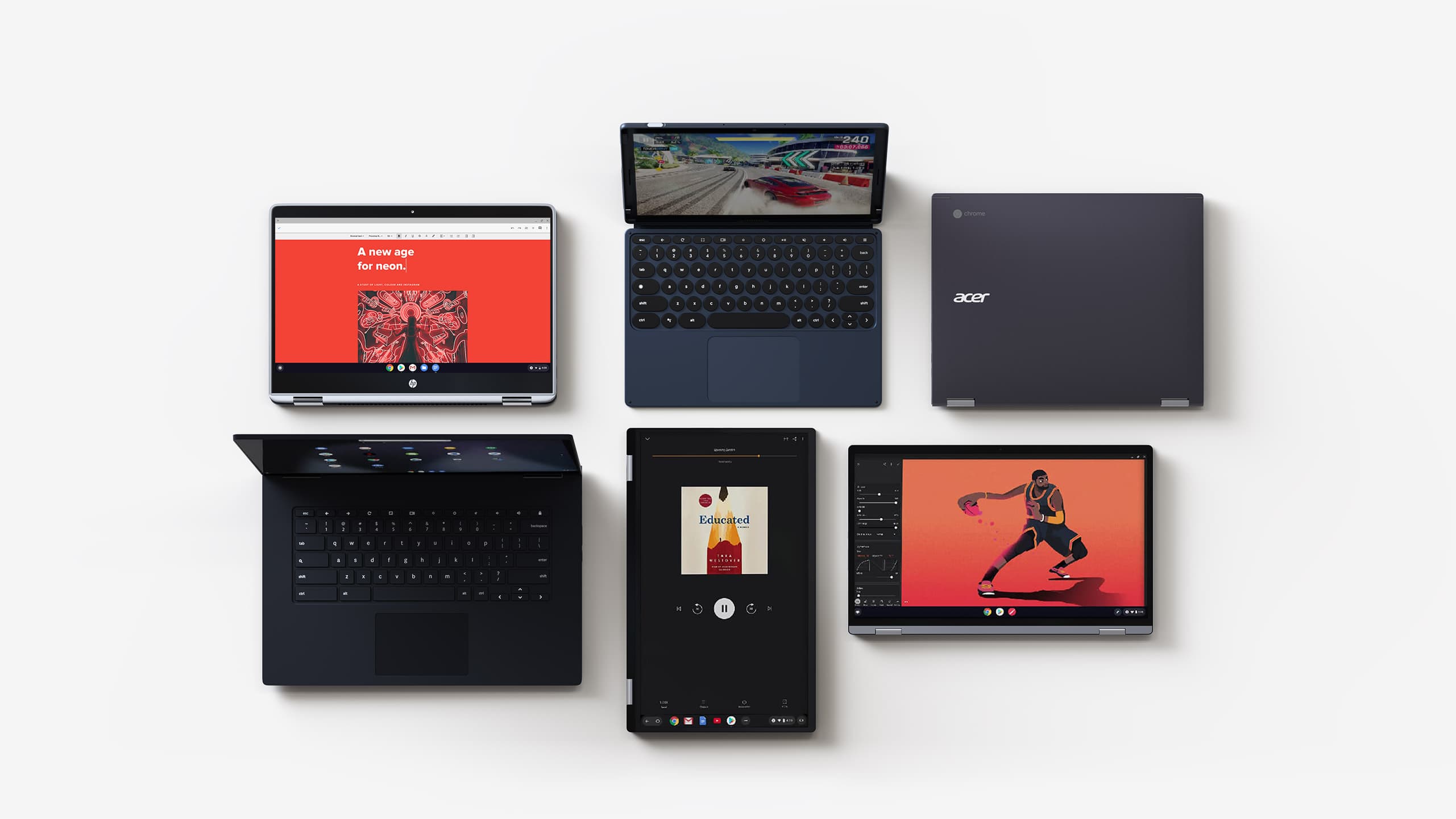 Chromebooks help you do everything you need, and fast too. From making a doc, to playing Asphalt 9 to reading a best seller.
